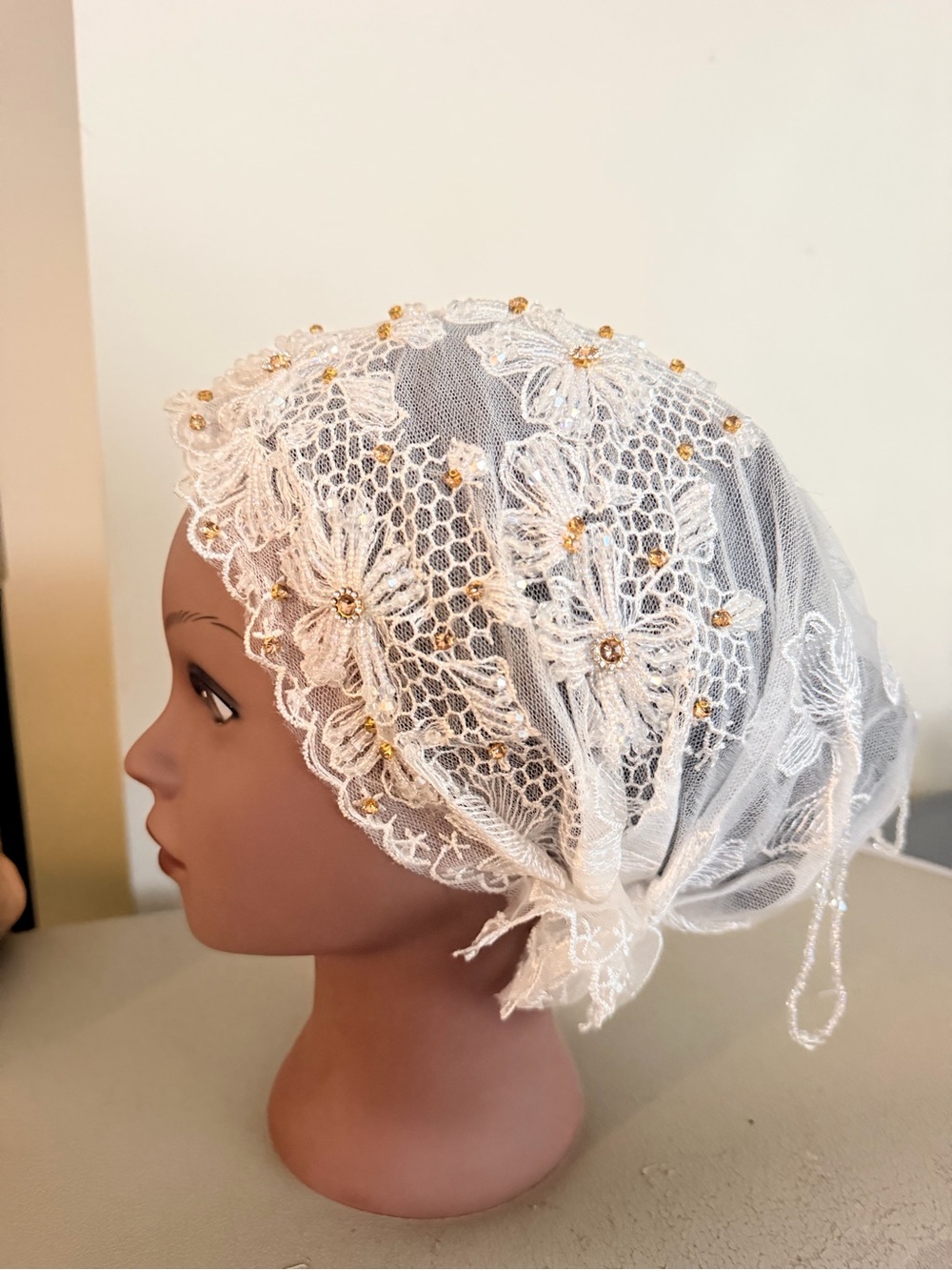 Off White Lace Floral Head Scarf with Gold Bead Accents